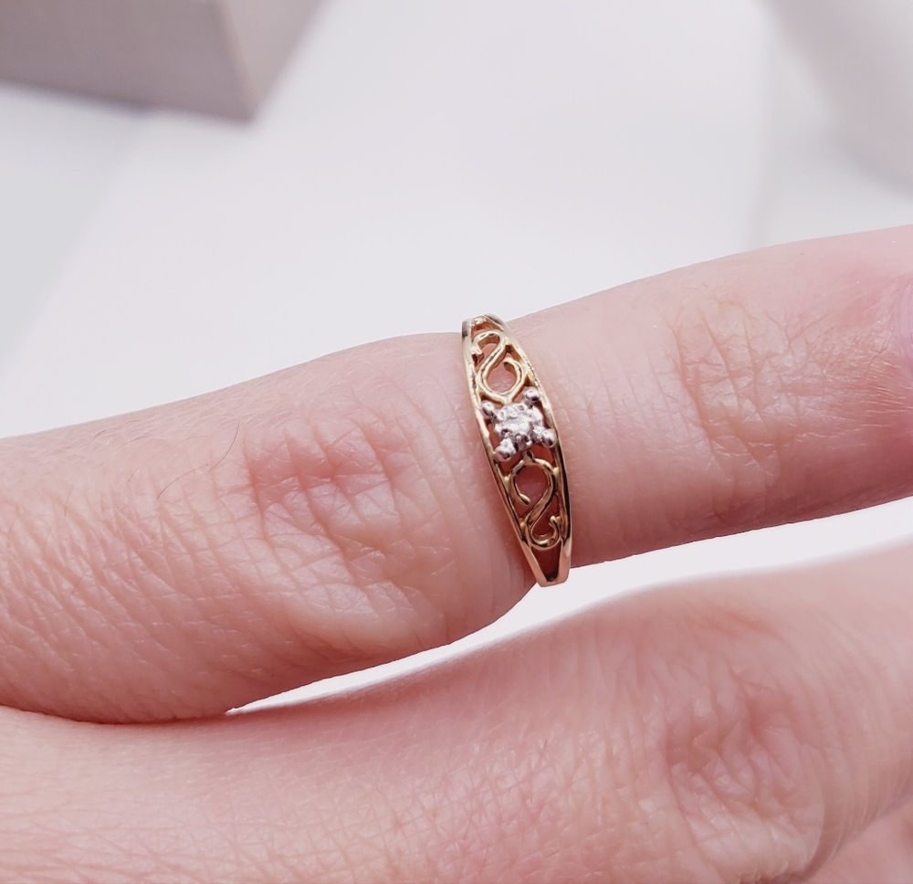 10K Yellow Gold Scroll Diamond Accent Ring - Tiny Baby Ring Knuckle Ring - Picture 3 of 11